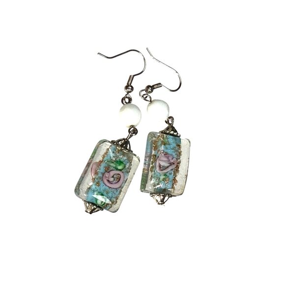 Glass Bead Earrings Rectangular Dangle Handmade Boho Jewelry Gift - Picture 4 of 8